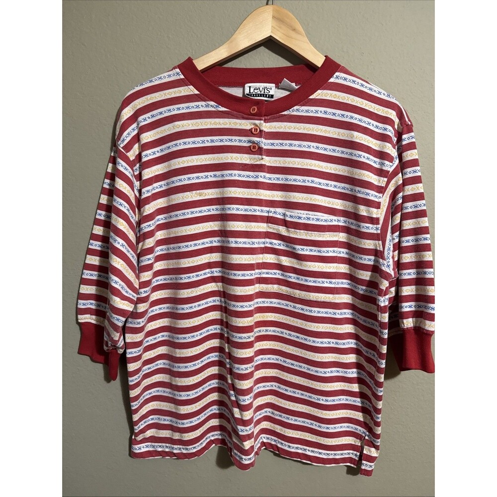 VTG Levis Shirt Medium Striped Henley 3/4 Sleeve - Red-White-Blue-Yellow